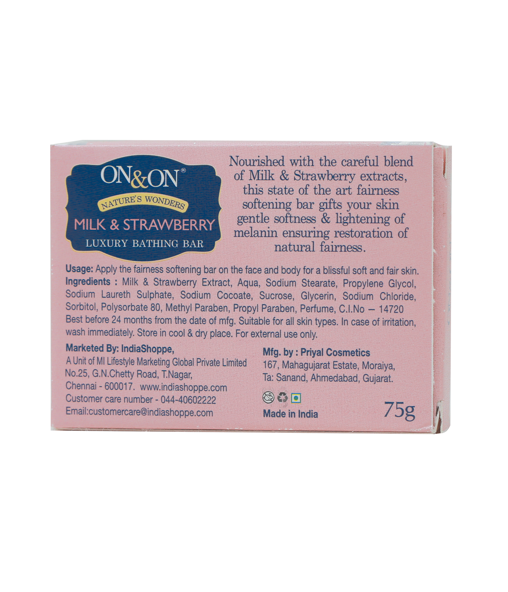 On & On Milk & Strawberry Luxury Bathing Bar 75 Gms image 2