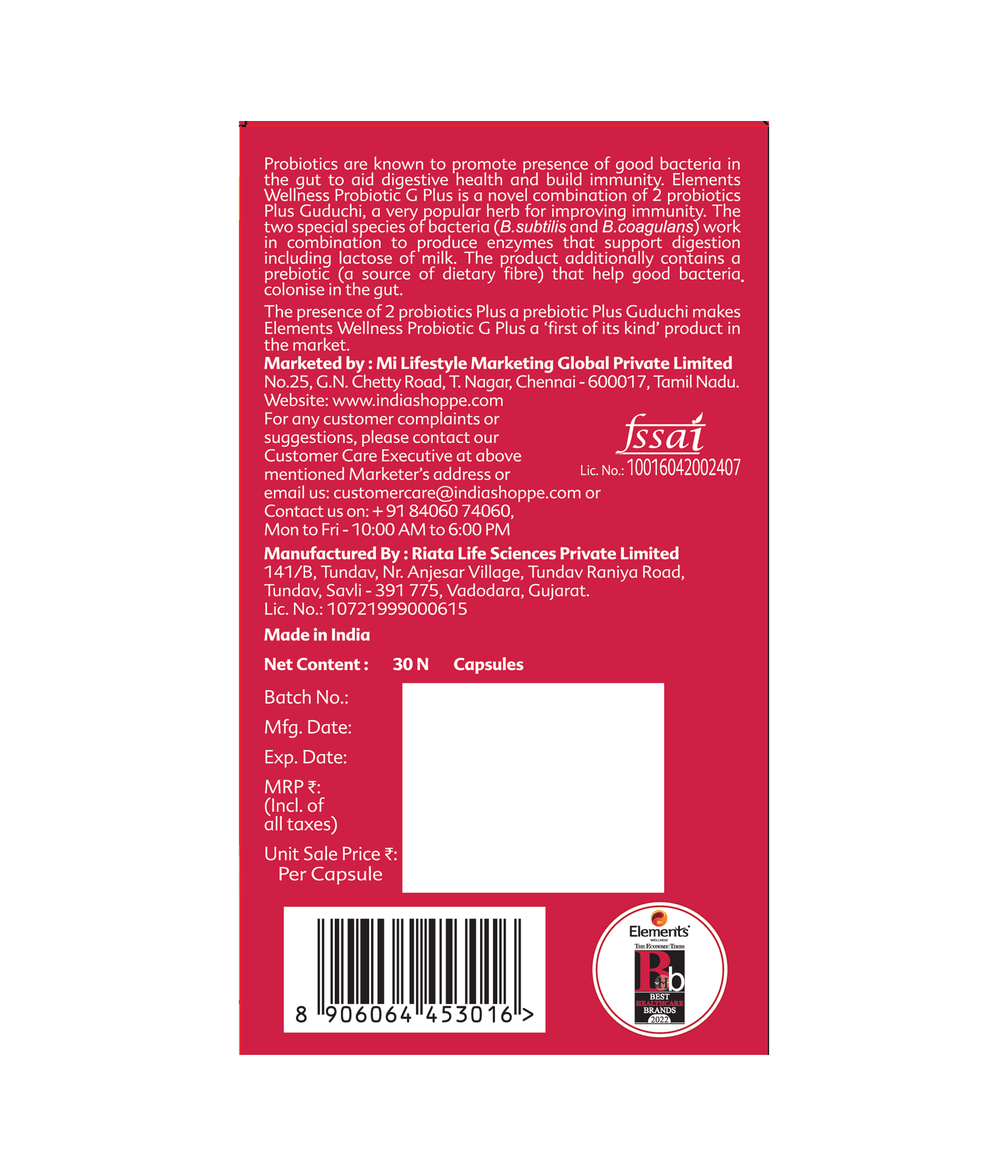 Elements Wellness Probiotic G Plus (30 Capsules) image 2